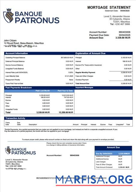 Downloadable Mauritius Banque Patronus Limitée mortgage statement Word and PDF template